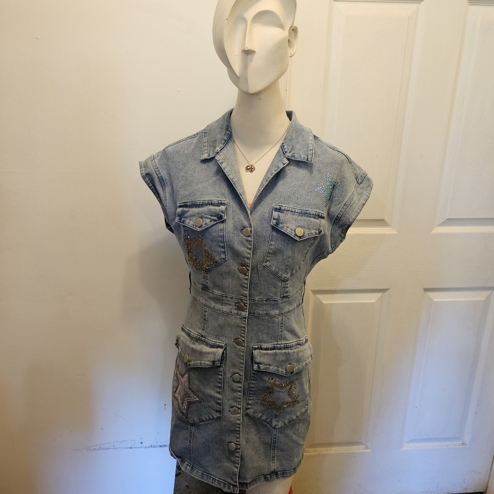 Cute and Preppy Peach Love CA Blue Jean Button Down Dress with Rhineston…